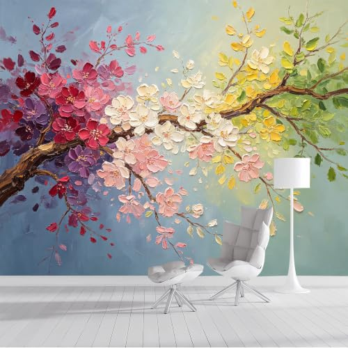 Carta da parati decorativa da parete con motivo floreale botanico colorato con rami di fiori su misura, pittura a olio, autoadesiva, rimovibile, decorazione da parete per soggiorno, camera da letto