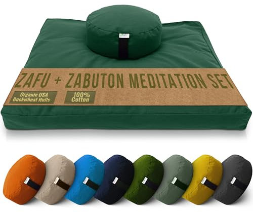 Bean's ZAFU + ZABUTON Meditationsset – Rundes Zafu-Kissen mit Buchweizen gefüllt + großes ZABUTON-Bodenpolster mit Baumwollfüllung – Waldgrünes Baumwoll-Segeltuch – traditionelles tibetisches