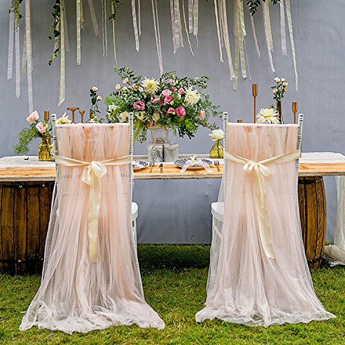 Egurs 2 Stück Hochzeit Stuhlhussen Romantik länger Tüll Stuhlüberzug Stuhlbezug für Hochzeit Weihnachten Haus Party Dekoration 2.6m*1.6m Champagner