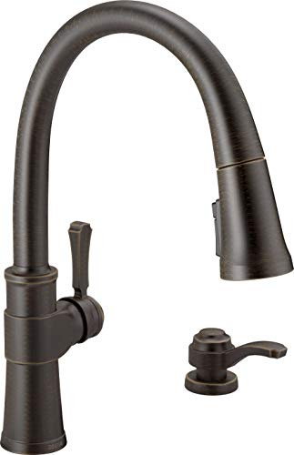 Delta Spargo Robinet de cuisine en bronze huilé avec pulvérisateur extractible, robinet d'évier de cuisine avec distributeur de savon, bronze vénitien 19964Z-RBSD-DST