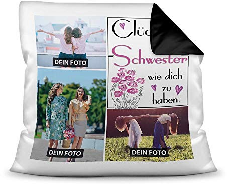 Tassendruck Kissen inkl. Kissenfüllung mit Fotocollage zum selbst Gestalten mit DREI Fotos und Spruch - Glück ist, eine Schwester wie Dich zu haben - Farbkissen Rückseite Schwarz, 40 x 40 cm