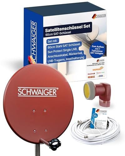 SCHWAIGER Satellitenschüssel Komplettset I Ø 60 cm Stahl Offset Antenne in Ziegelrot I Inkl. sonnengeschütztes Single LNB 1-Fach I Digital HD Empfang I Integrierte Kabelführung & wetterfest
