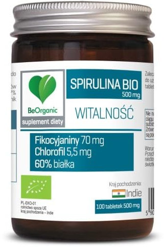 BeOrganic - Spirulina BIO - Vitalität - Phycocyanine - Chlorophyll - 60% Eiweiß - Nahrungsergänzungsmittel - Ohne Zusatzstoffe - Veganer - 100 Tabletten