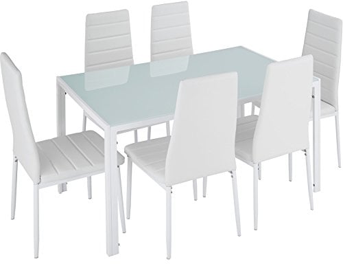 TecTake® Conjunto de Mesa y 6 Sillas de Comedor, Atractivo Diseño, Alto Confort, Tablero de Vidrio, Sillas Comedor Modernas, Sillas de Cocina, Muebles Salon Modernos - Blanco/Blanco