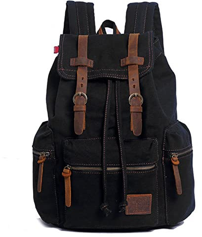 Mochila de lona unisex vintage casual de 17 pulgadas para laptop, mochila escolar, mochila universitaria, bolsa de senderismo, camping, viaje, Negro, L, Mochilas Daypack