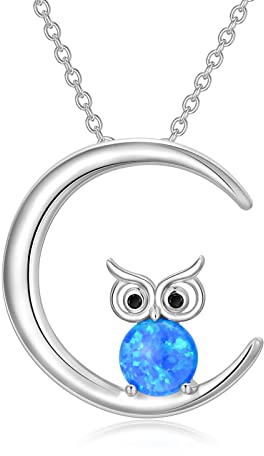 ROMANTICWORK Eule Kette Sterling Silber Eule Mond Anhänger Halskette Tier Schmuck Geschenke für Damen Mädchen