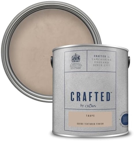 Crown CRAFTED Suede Taupe Paint for Walls & Ceilings 2.5L | Creamy Taupe luxurious suede textured finish, great feature wall paint. Soft to touch, hides flaws, natural brushed effect