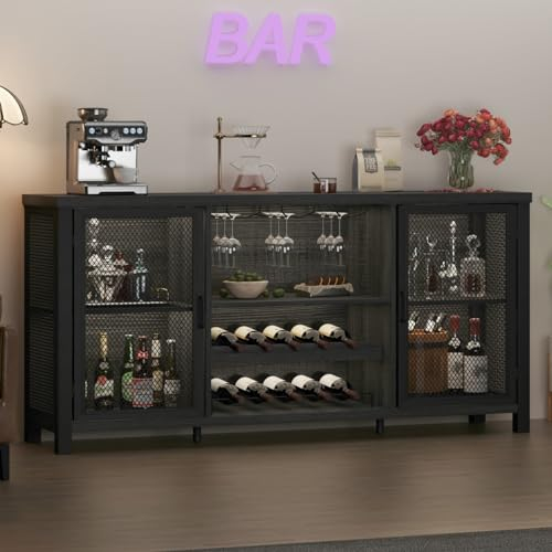 Launica Liquor Bar Cabinet, Industrial Wine Bar Cabinet, Rustic Sideboard Buffet Cabinet for Liquor, Glasses & Coffee Bar with Storage Rack for Home Kitchen Dining Room, Dark Grey Oak, 55 In