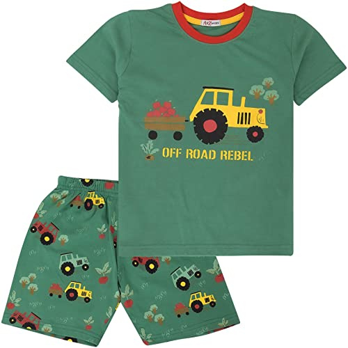 A2Z 4 Kids Tractor Pyjama Set Contrast Colour PJS Matching Top & Shorts Green Pyjamas Comfy Loungewear Dress Up Outfit Gifts for Girls & Boys Age 5-13 Years