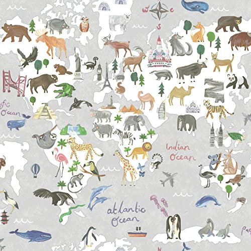 Holden Animal Map Wallpaper World Globe Continents Landmarks - Grey/Multi 13252