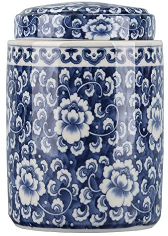 Jarrón de cerámica con tapa de porcelana azul y blanca de estilo antiguo chino tradicional con tapa, estilo chino Ming, diseño chino chino (cilindro)