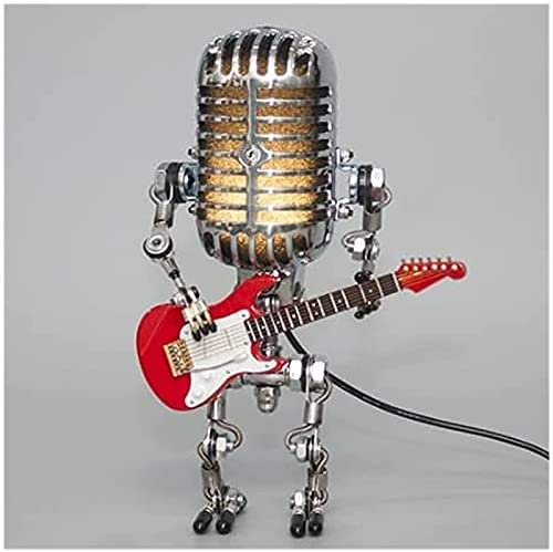 Vintage Microphone Robot Lamp, with Mini Guitar, Touch Dimmer Cool Cute Nightstand Desk Lamp, for Bedroom, Living Room, Office