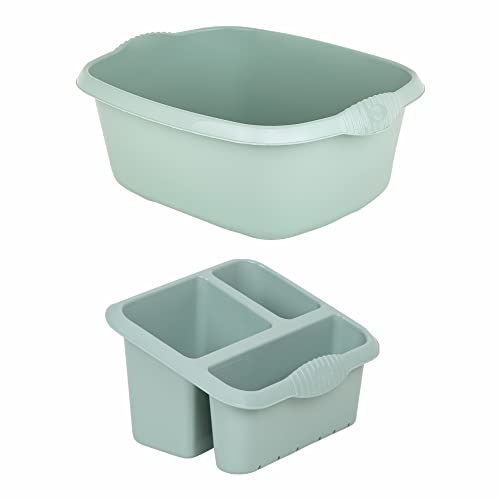 M1SS Set of 39cm Rectangular Washing up Bowl With Large High-Grade Plastic Sink Tidy Drainer Kitchen Caddy Cleaning Organiser 3 Compartment Sponge, Brush, Kitchen Utensils Holder (Silver sage)