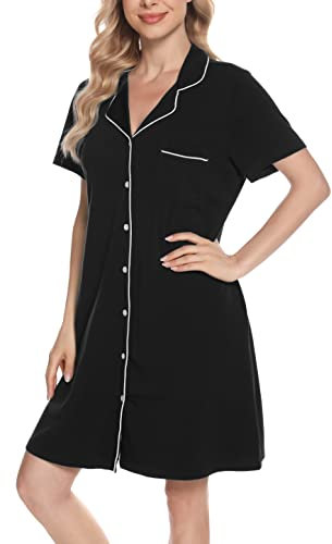Vlazom Chemise de Nuit Femmes Court avec Boutonnée Devant Nuisette Femme été à Manches Courtes Tee Shirt Sexy Femme,S,A-Noir