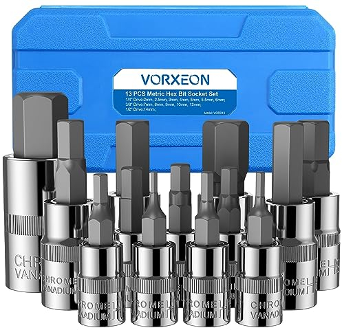 VORXEON Set Chiavi a Bussola 13PCS Professionali in Acciaio CR-V/S2, Testa Esagonale 2-14mm per Chiavi Dinamometriche 1/4''-3/8''-1/2''. Ideali per Riparazioni Auto e Moto, Robuste e di Precisione