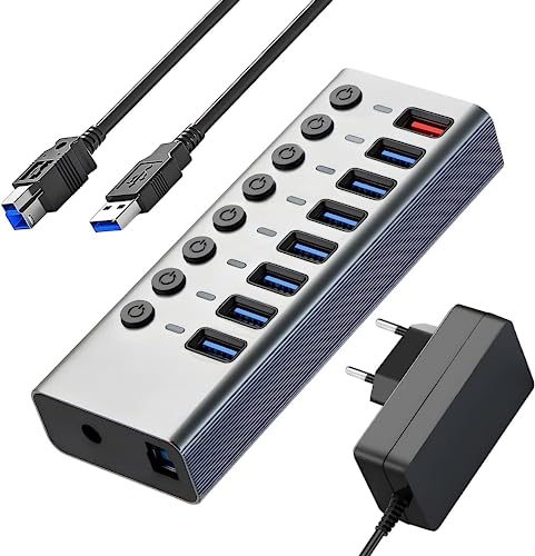 LOBKIN USB Hub Aktiv 3.0 mit 24W Netzteil, Powered USB 3.0 Hub mit 7 Port zur Datenübertragung & 1 Schnellladung Port, Einzel-Schalter, LED-Anzeiger, 12V 3A Adapter für PC Laptop Windows MacOS Linux