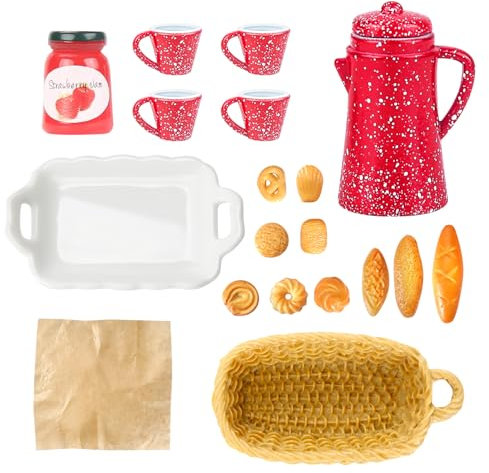 Wichtel Zubehör, 1/12 Miniatur Zubehör Puppenhaus Zubehör Miniatur Vintage Porzellan Kaffee Teeservice Geschirr Brotset Kekse für Deko Puppenhaus Weihnachten