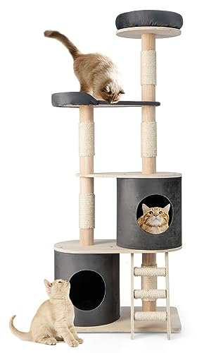 COSTWAY Arbre à Chat en Bois d’Hévéa, Centre d'Activités pour Chaton avec Griffoir et Echelle en Sisal, Tour à Chat avec 2 Condos Confortables et Perchoir Peluché, Charge 20KG pour Chaque Couche