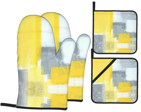 Ofenhandschuhe und Topflappen, abstrakte Kunstmalerei, Grau, Gelb, 4-teiliges Set für Küche, Kochen, Druck, hitzebeständig, rutschfest, dicke Baumwolle