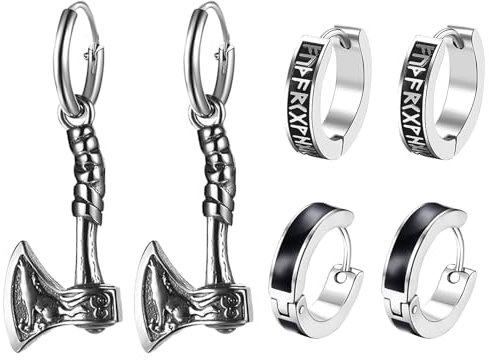 Flongo Viking Hoop Earrings Set: 3 Pcs Stainless Steel Viking Axe Vintage Rune Huggie Earrings - Men Jewelry Gifts for Husband Boyfriend Brother