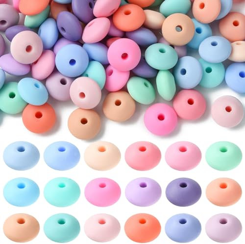 DanLingJewelry 100Pcs Random Colors 12mm Silicone Abacus Beads Lentil Rondelle Loose Spacer Beads for Bracelet Necklace DIY Crafts Making
