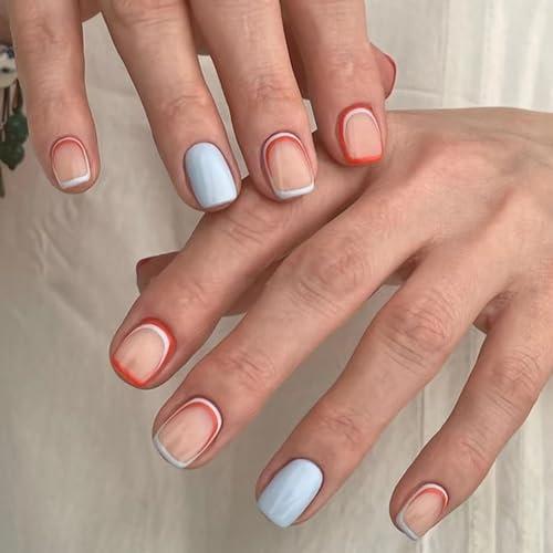 24Pcs Press On Nails - Blue and Pink Short False Nails - Lovely Nude French False Nails with Glue - Glossy Removable Glue on Nails - Classic Elegant Fake Nails - Stick on Nails for Women Girls