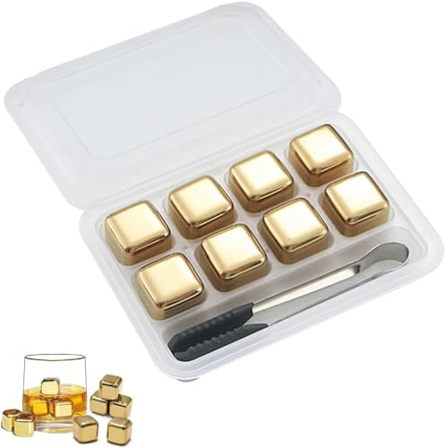 Whisky Steine Edelstahl Set,Edelstahl Eiswürfel Set, mit Silikonclip, für Whiskey, Wodka und Tequil, Gold,8 Stück