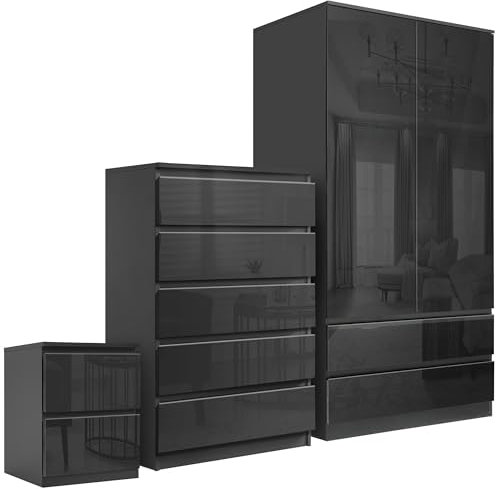 High Gloss Bedroom Wardrobe sets with 2 Door Wardrobe 5 Drawer Chest of Drawers + 2 Drawer Bedside Table Cabinet Bedroom Set for 3 Piece Bedroom Storage furniture Set, Black