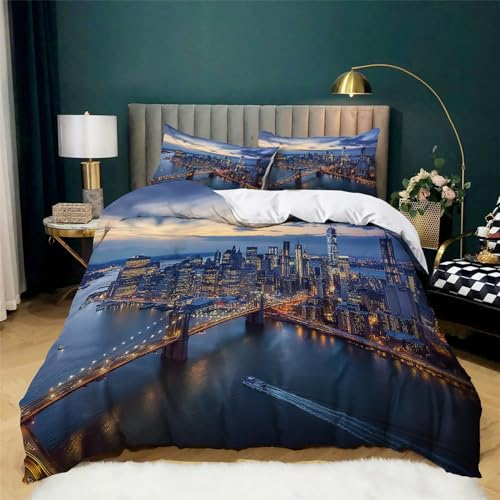 Bettwäsche Set 135x200 cm Skyline Von New York City In Der Abenddämmerung Bettbezug Set Weiche Microfaser Brooklyn Bridge Deckenbezug mit Reißverschluss und 2 Kissenbezug 80x80cm