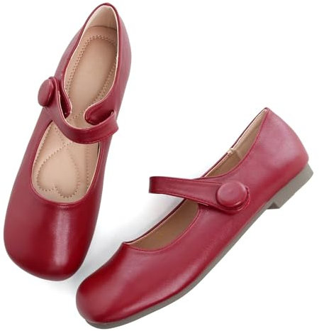 LUXINYU Mary Jane Flache Ballerinas für Damen, elegant, Retro, quadratischer Zehenbereich, Knöchelriemen, bequeme Lacklederschuhe, Weinrot, 39 EU