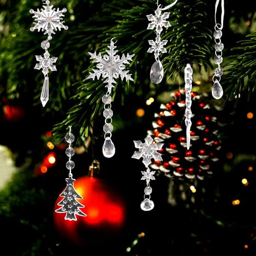 Kapokr 18 Stück Christbaumschmuck Eiszapfen Anhänger Schneeflocken Weihnachtsbaum Acryl Weihnachtsbaumschmuck Kristall Schneeflocken zum Aufhängen Glitzer Weihnachtsdeko Hängend