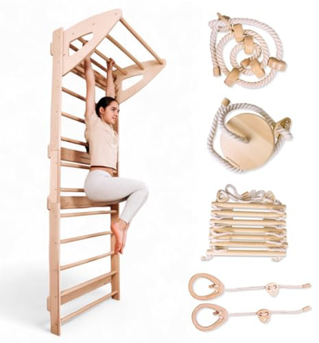 WoodandHearts Drinnen Schwedische Leiter mit Seilzubehör, Kletterüberwurf für Kleinkinder, Baby-Kletterstruktur, Kinderkletterer in natürlicher Holzfarbe Mit allem Zubehör (Naturholz)