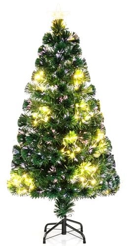 COSTWAY 4FT/5FT Pre-Lit Christmas Tree, Fiber Optic Artificial Xmas Trees with Warm White Shape-Adjustable Star Lights and Top Star, Christmas Decoration for Home Office Holiday Party Decoration (4FT)