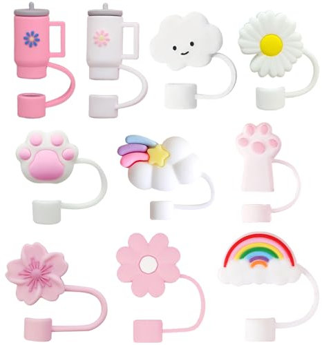 HTTDSLF 10 Stück Strohhalm Abdeckung, Strohhalme Abdeckung, Strohhalm Topper, Strohaufsätze, Strohhalm Deckel, Strohhalm Verschluss, Staubdichte Strohdeckel, Geeignet für alle 10MM Strohhalme