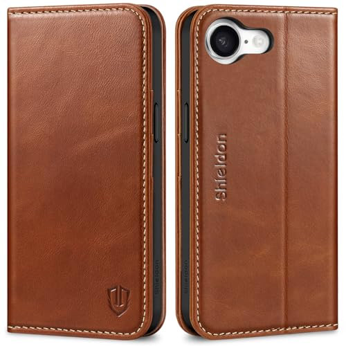 SHIELDON Hülle für iPhone 16e 5G, Handyhülle [Echtleder] [Magnetverschluss] [Kartenfach] [Ständer] [RFID Blocker] TPU Schutzhülle Case Kompatibel mit iPhone 16e 2025 6,1 -Retro Braun