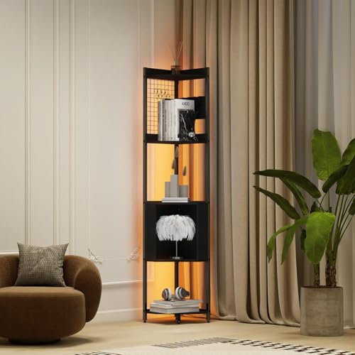 YU YUSING Stehlampe Wohnzimmer mit Holzregal 5 Ablagen, Stehleuchte mit RGB LED Beleuchtung, 16 Farben, Standleuchte mit Fernbedienung, APP-Steuerung, 8 Haken, Bücherregal Eckregal Schlafzimmer Büro
