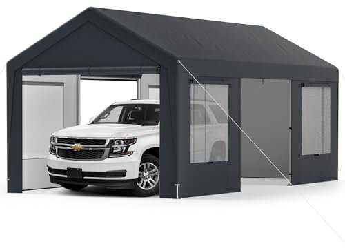 COSTWAY 3mx6m Carport, Heavy Duty Galvanized Car Canopy with 8 Removable Sidewalls & Adjustable Tarp, UV Resistant Waterproof Garage Boat Shelter Party Tent for Outdoor Garden