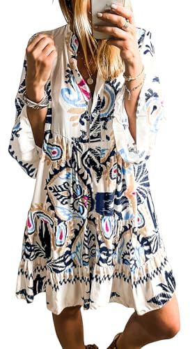 miduo Womens Beach Dresses Summer Casual V Neck 3/4 Sleeve Button Printed Pleated Babydoll Mini Tunic Short Dresses Navy XL
