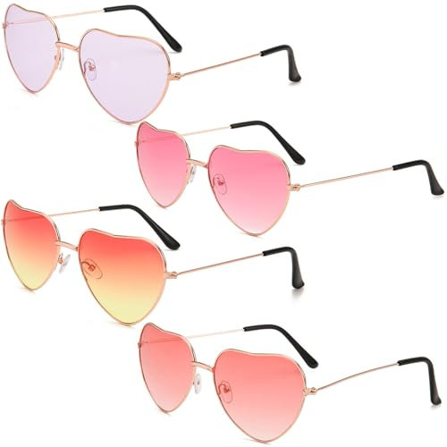 ZXJLWR 4 Stück Herz Sonnenbrille, Hippie Brille Damen Retro Herzbrillen in Rot, Rosa, Orange, Lila, Hippie Sonnenbrille Damen, Herzchen Brille für Geburtstagsfeier Party Foto Requisiten