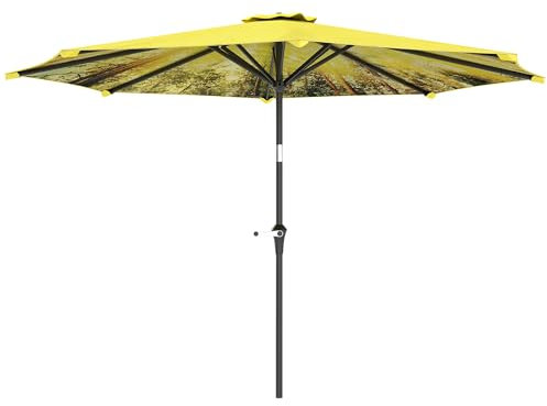 Outsunny Sonnenschirm Ø300 cm, Sonnenschirm mit Handkurbel, Muster，achteckig Balkonschirm Strandschirm windfest stabil Marktschirm Kurbelschirm Sonnenschutz für Strand Balkon Terrasse Garten, Gelb
