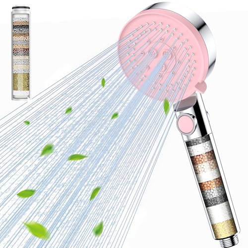 Gritin Pommeau de Douche 5 Modes avec Bouton D'arrêt D'eau, Douchette à Main Haute Pression Économe en Eau et Anticalcaire avec Filtre, Pommeau de Douche G1/2 Pouces pour Salle de Bain, Chrome,Rose