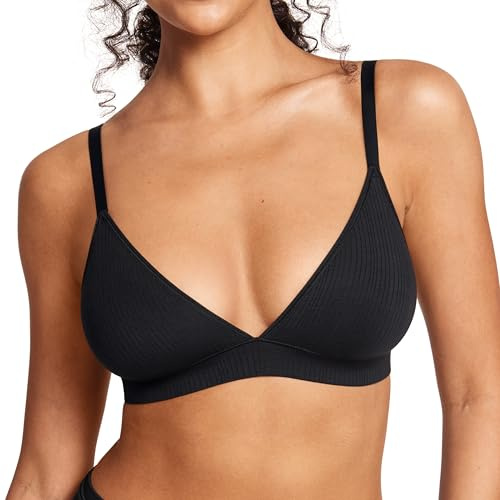 SOULVOR Women's Natrelax Triangle Bralette No Underwire Plunge Unlined Ribbed Soft Wireless Bra V Neck Sexy Everyday Black Medium