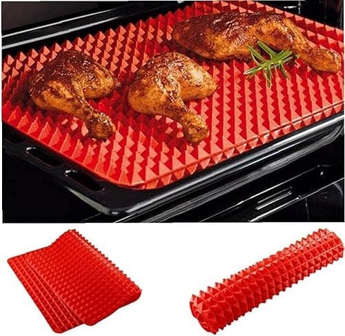 Pyramid Pan Silicone Baking Mat, Diamond Chef Tray Oven Non-Stick Value Pack Red, Fat Reducing Healthy Heat-Resistant Non-Slip Reusable Sheet for Grilling BBQ 29X41Cm (2 Pieces)