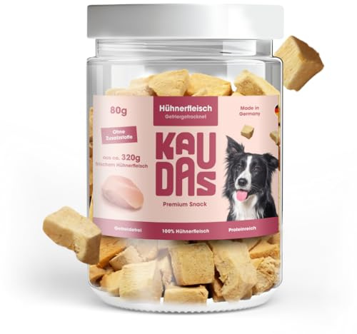 KAUDAS HuhnPur Natursnack – 3 x 80 g gefriergetrocknetes Hühnerfleisch Leckerli Hund mit hohem Proteingehalt, 100% natürlicher Hundesnack je 320g Rohgewicht – ohne Zucker, Getreide & Zusatzstoffe