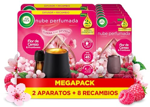 Air Wick Essential Mist - Recambio de Ambientador Difusor de Aceites Esenciales con Aroma a Flor de Cerezo & Frambuesa, 2 Aparatos + 8 Recambios (8x20ml)
