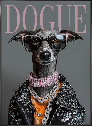 STYLER Wandbild Dogue 50x70 cm (AUFHÄNGFERTIG) – Modebewusster Windhund mit Glitzer-Look – Hochwertiger Kunstdruck mit Rahmen