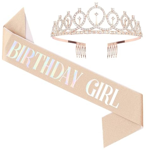 Geburtstags Krone Schärpe, Kristall Tiara Krone mit Geburtstag Mädchen Schärpe, Rose Gold Geburtstag Kopfschmuck Birthday Girl Sash für Geburtstag Geschenk Party Zubehör und Dekorationen