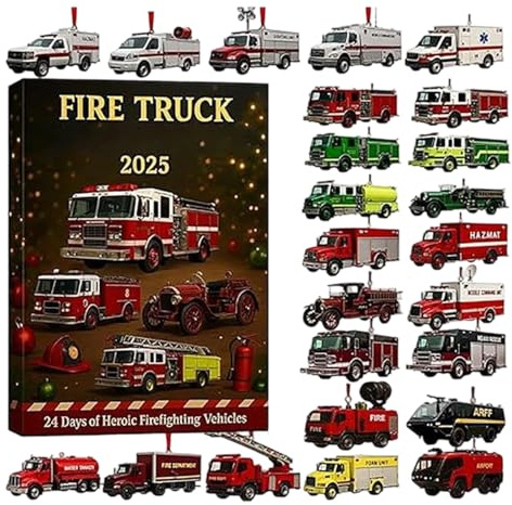 Fire Truck Adventskalender 2025 | 24 Tage heldenhafte Feuerwehrfahrzeuge Ornamente | Lustiger Weihnachts-Countdown-Kalender mit klassischen & modernen Feuerwehrautos Geschenk für Feuerwehrmann