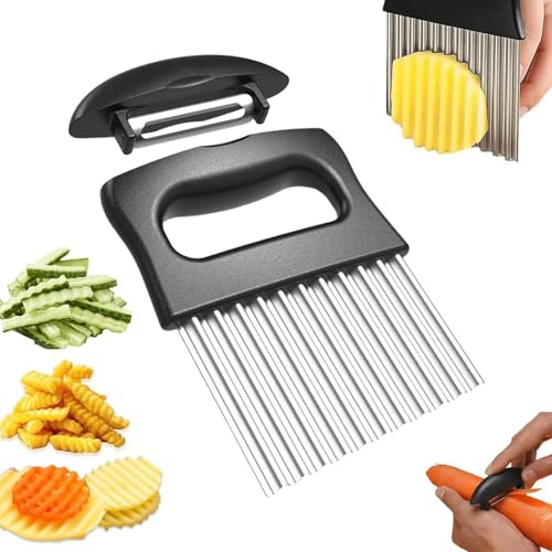 MUNTE Wellenschneider, 2-in-1-Design, Wellenmesser mit Schäler | Wellenschnittmesser aus Edelstahl Gefertigt, zum Schneiden von Karotten, Kartoffeln und Obst