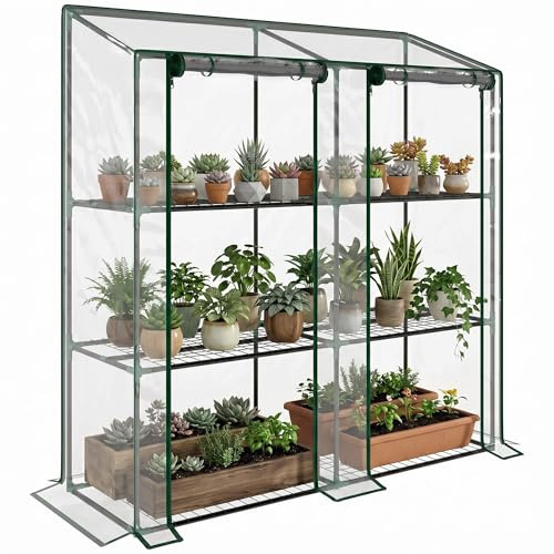 Outsunny Gewächshaus mit Regale Doppeltüren Pultdach, Winterfest Foliengewächshaus aus Stahl, Treibhaus Tomatenhaus 143 x 46 x 151cm, Tomatengewächshaus für Tomaten, Gemüse, Blumen, Transparent
